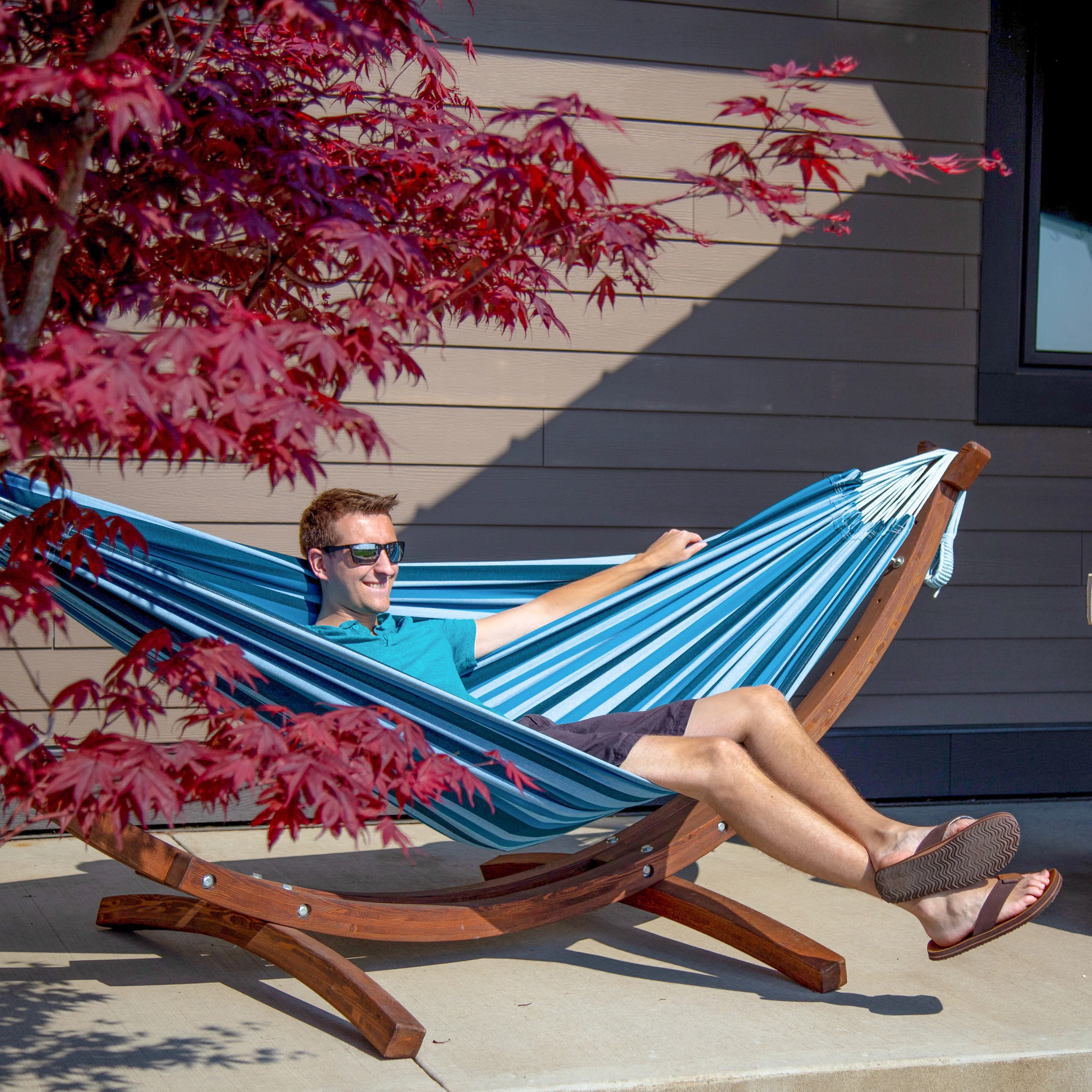 Double Cotton Hammock with Solid Pine Stand (8ft/260cm) - Blue Lagoon - Image 5