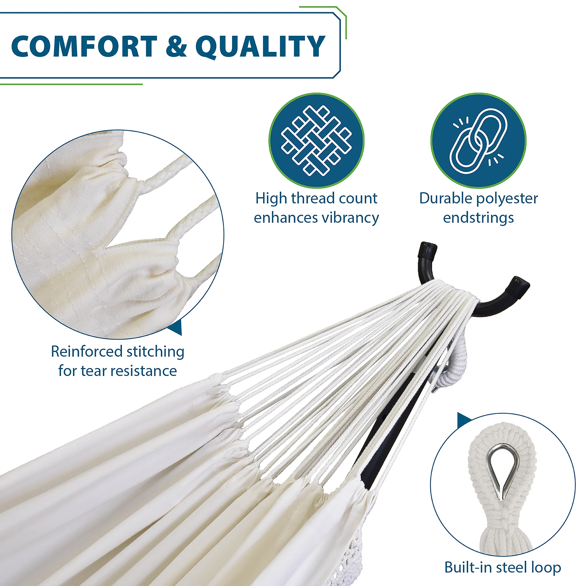 Double Cotton Hammock with Stand (9ft/280cm) - Natural with Fringe - Image 4