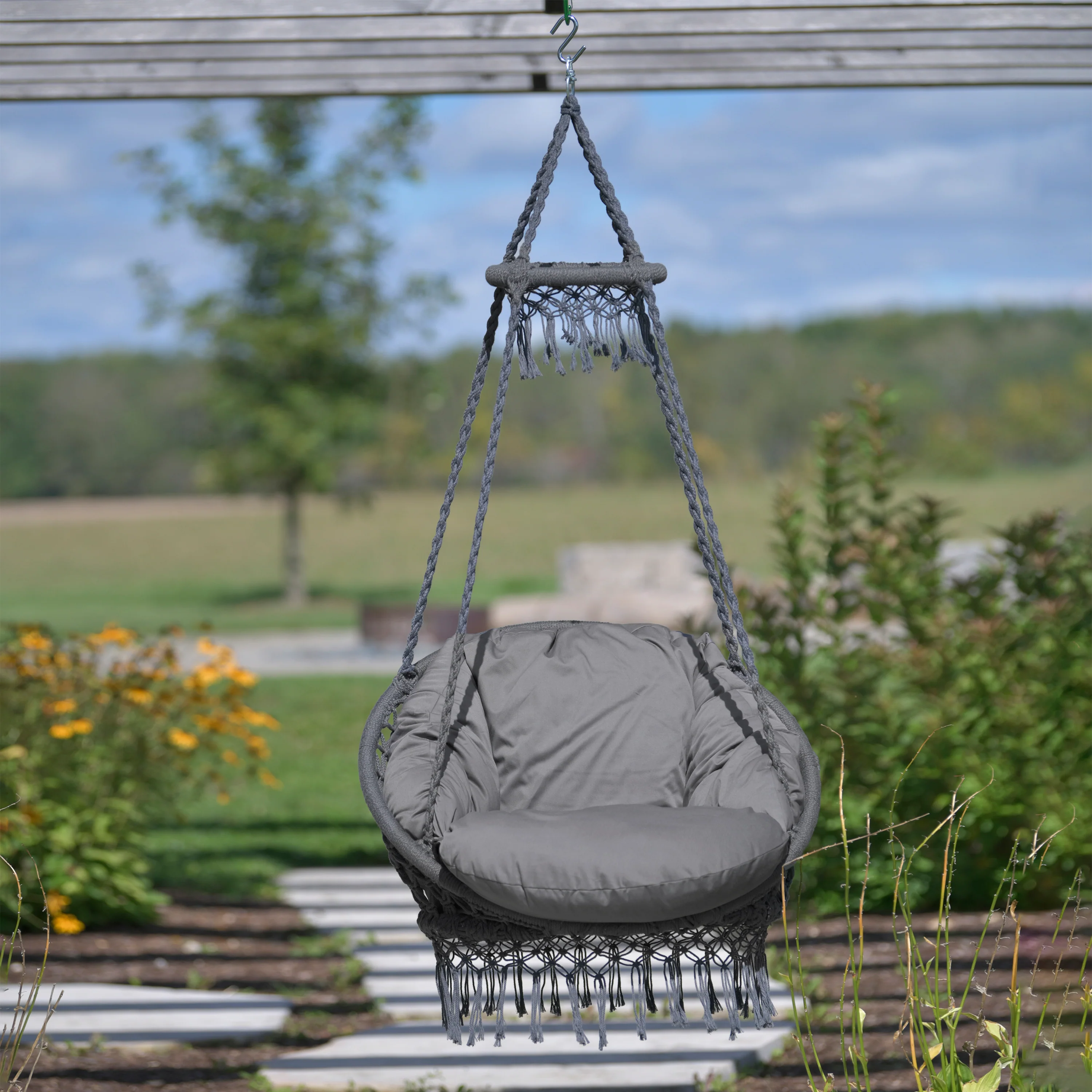 Deluxe Macrame Chair With Fringe - Fog Gray - Image 6