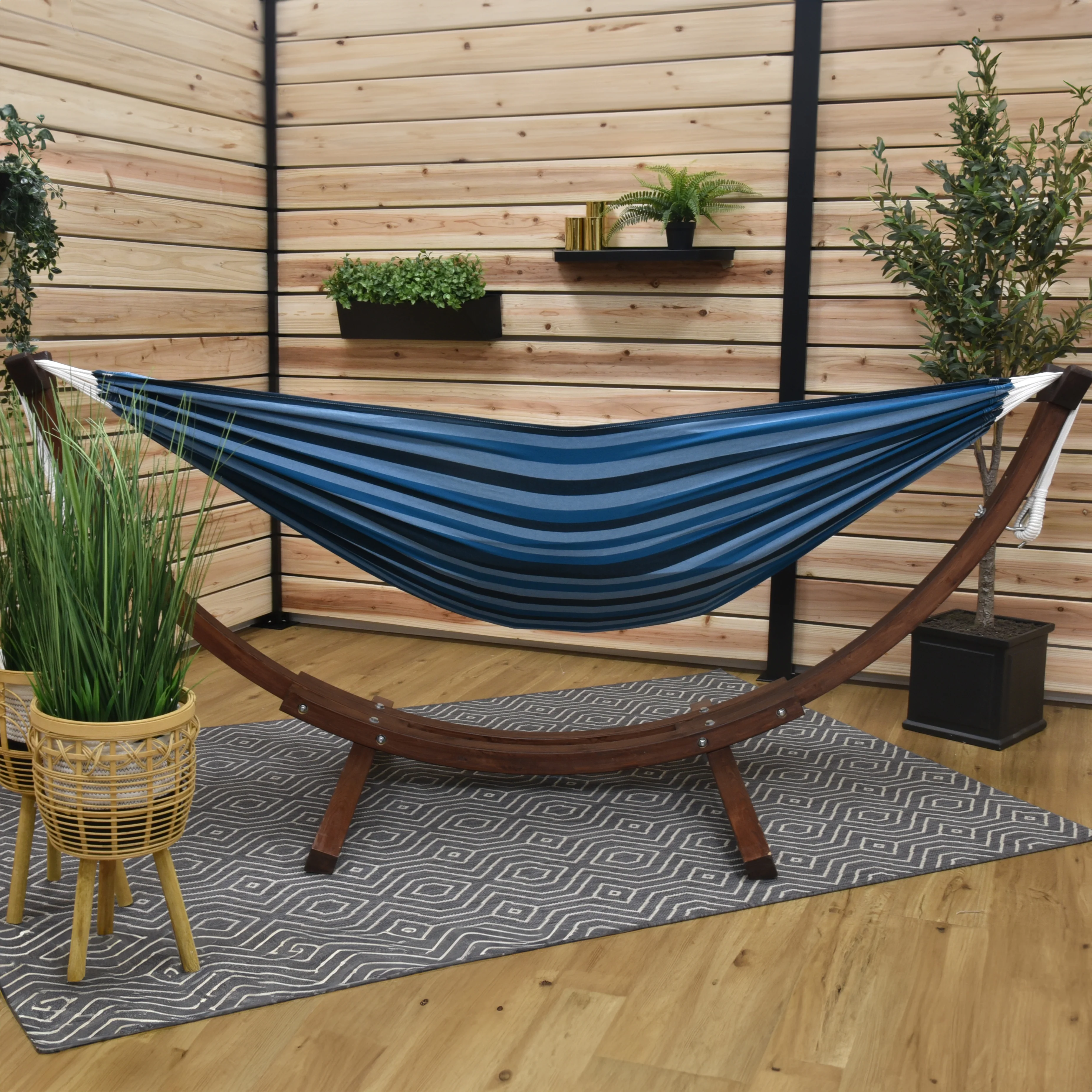 Double Cotton Hammock with Solid Pine Stand (8ft/260cm) - Blue Lagoon - Image 2