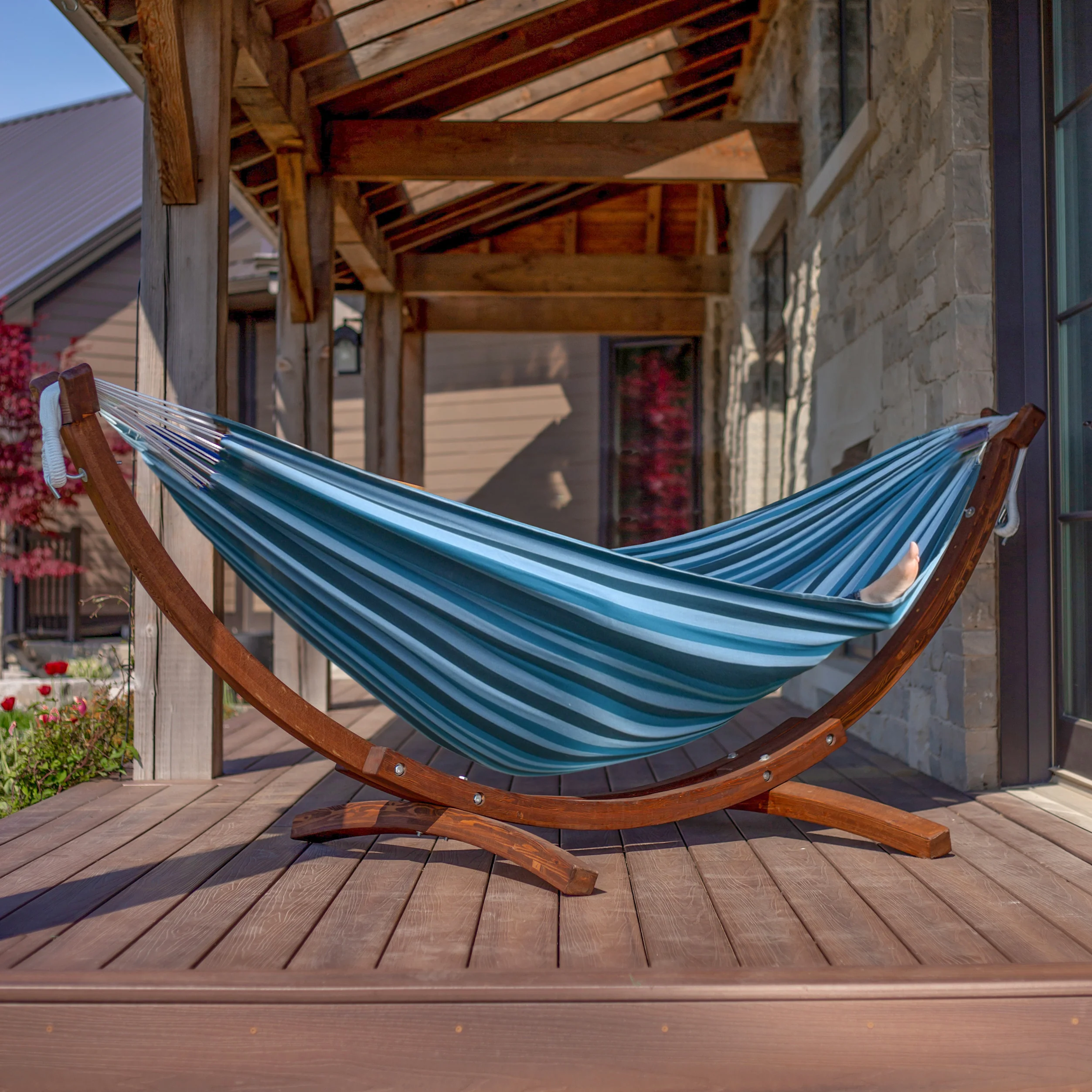 Double Cotton Hammock with Solid Pine Stand (8ft/260cm) - Blue Lagoon - Image 4