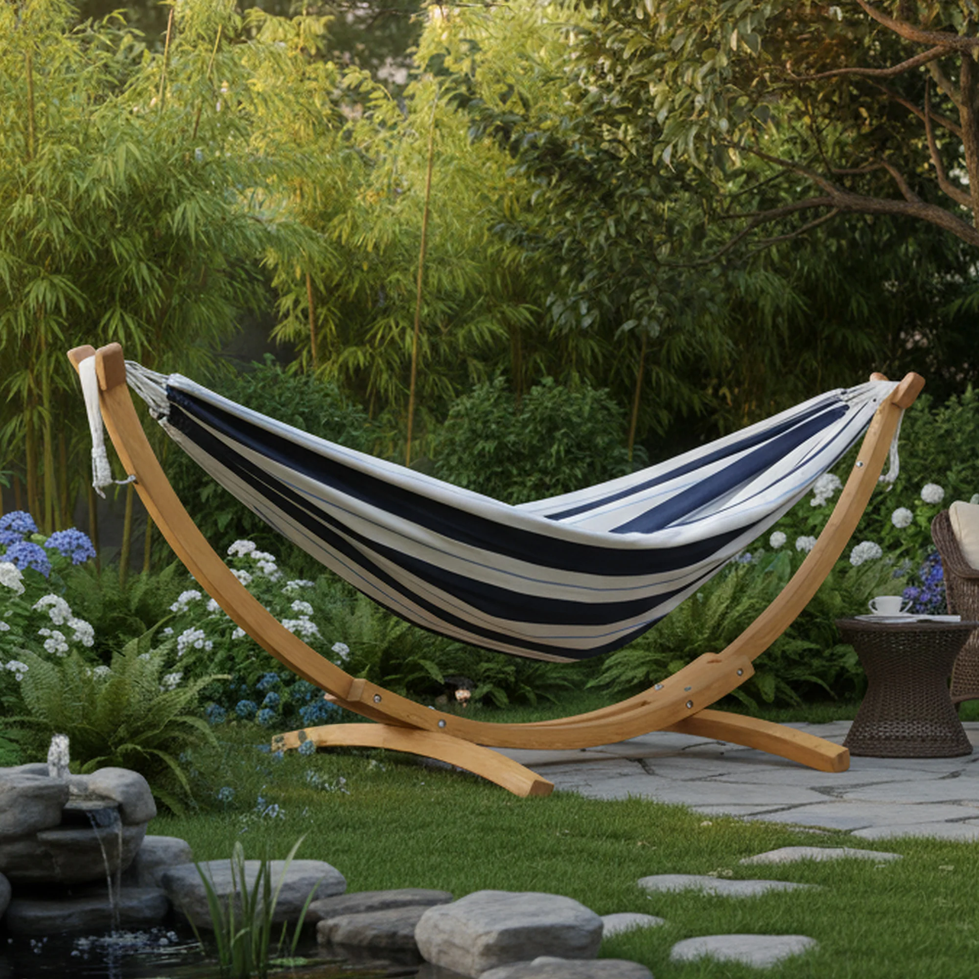 Double Cotton Hammock with Solid Pine Stand (8ft/260cm) - Harbor - Image 2