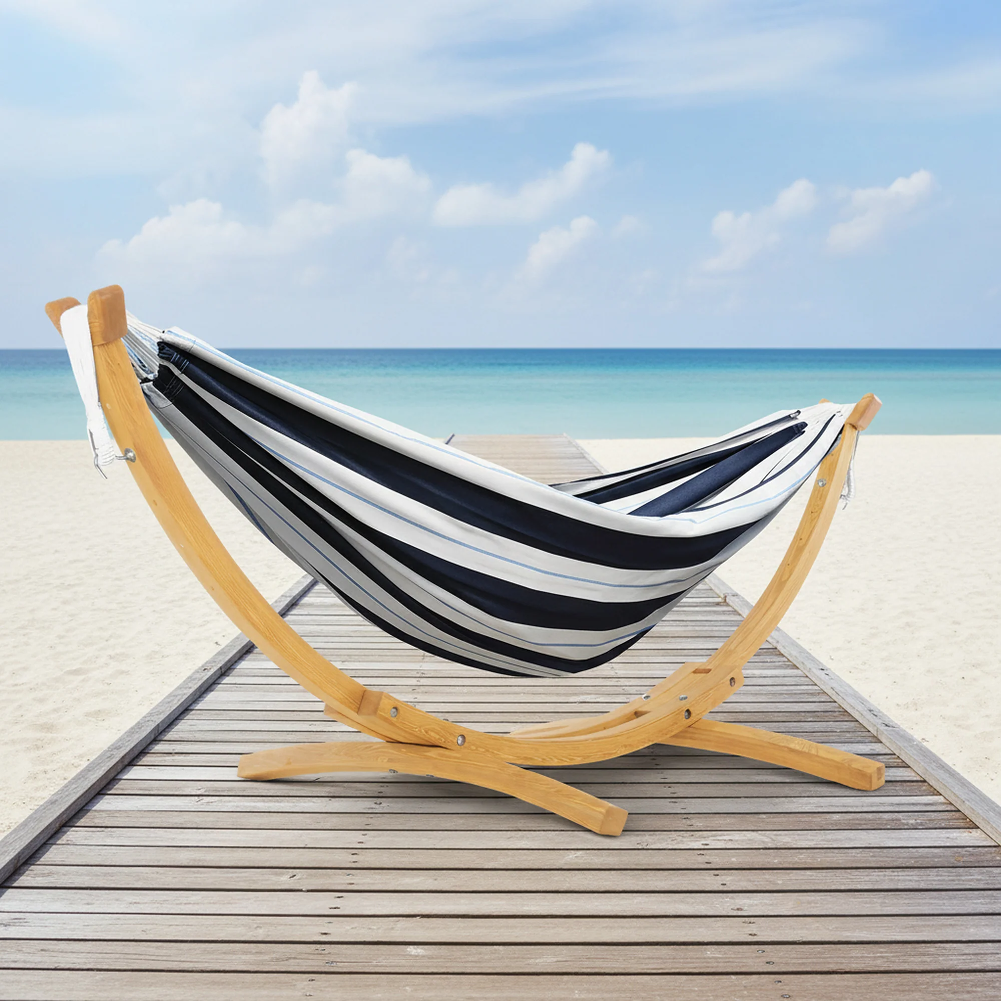 Double Cotton Hammock with Solid Pine Stand (8ft/260cm) - Harbor - Image 3