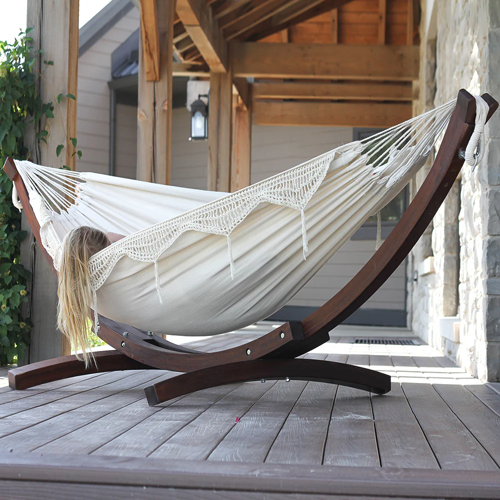 Double Cotton Hammock with Solid Pine Stand (8ft/260cm) - Natural with Fringe - Image 4