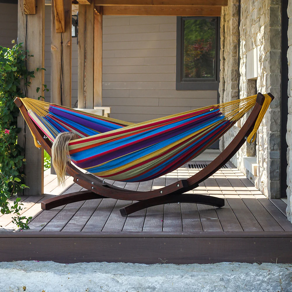 Double Cotton Hammock with Solid Pine Stand (8ft/260cm) - Tropical - Image 3