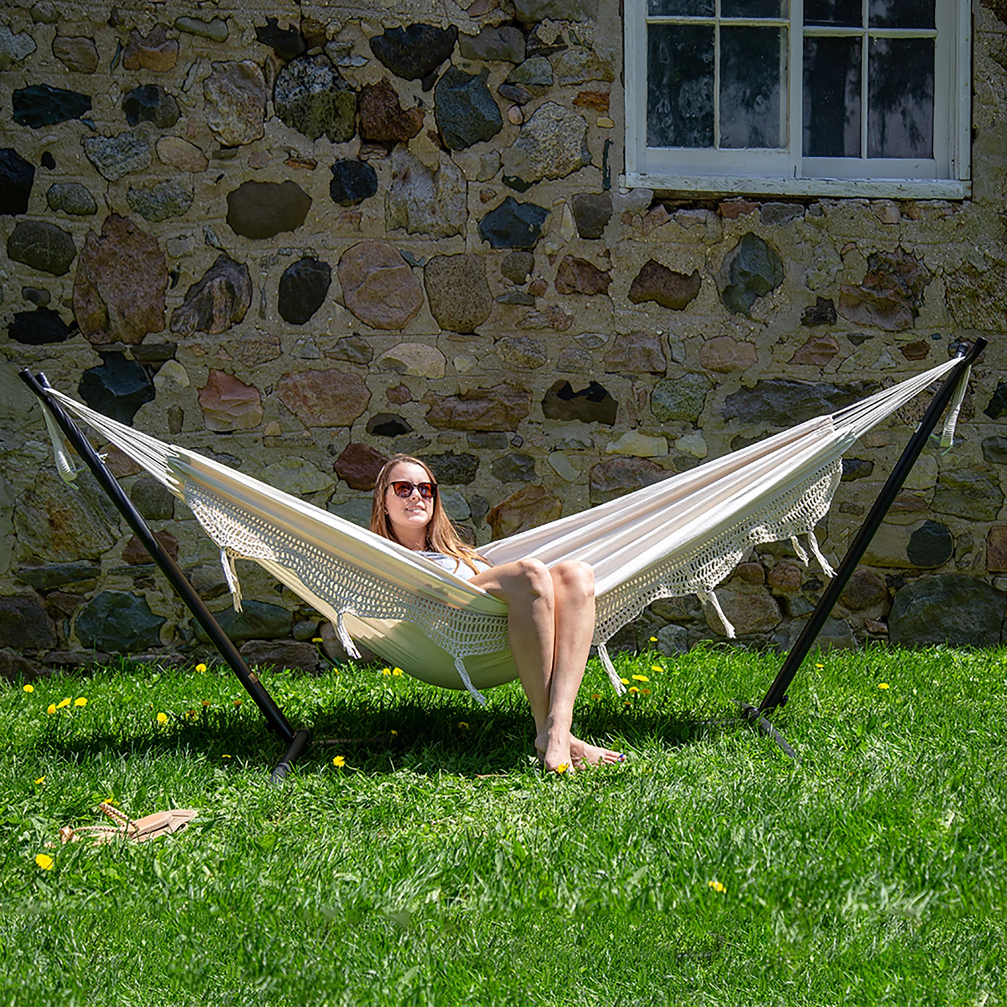 Double Cotton Hammock with Stand (9ft/280cm) - Natural with Fringe - Image 3