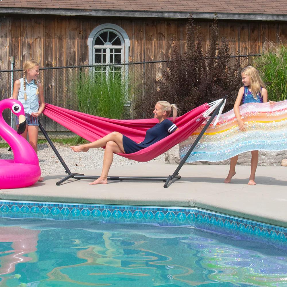 Double Polyester Hammock with Stand (9ft/280cm) - Hot Pink - Image 3