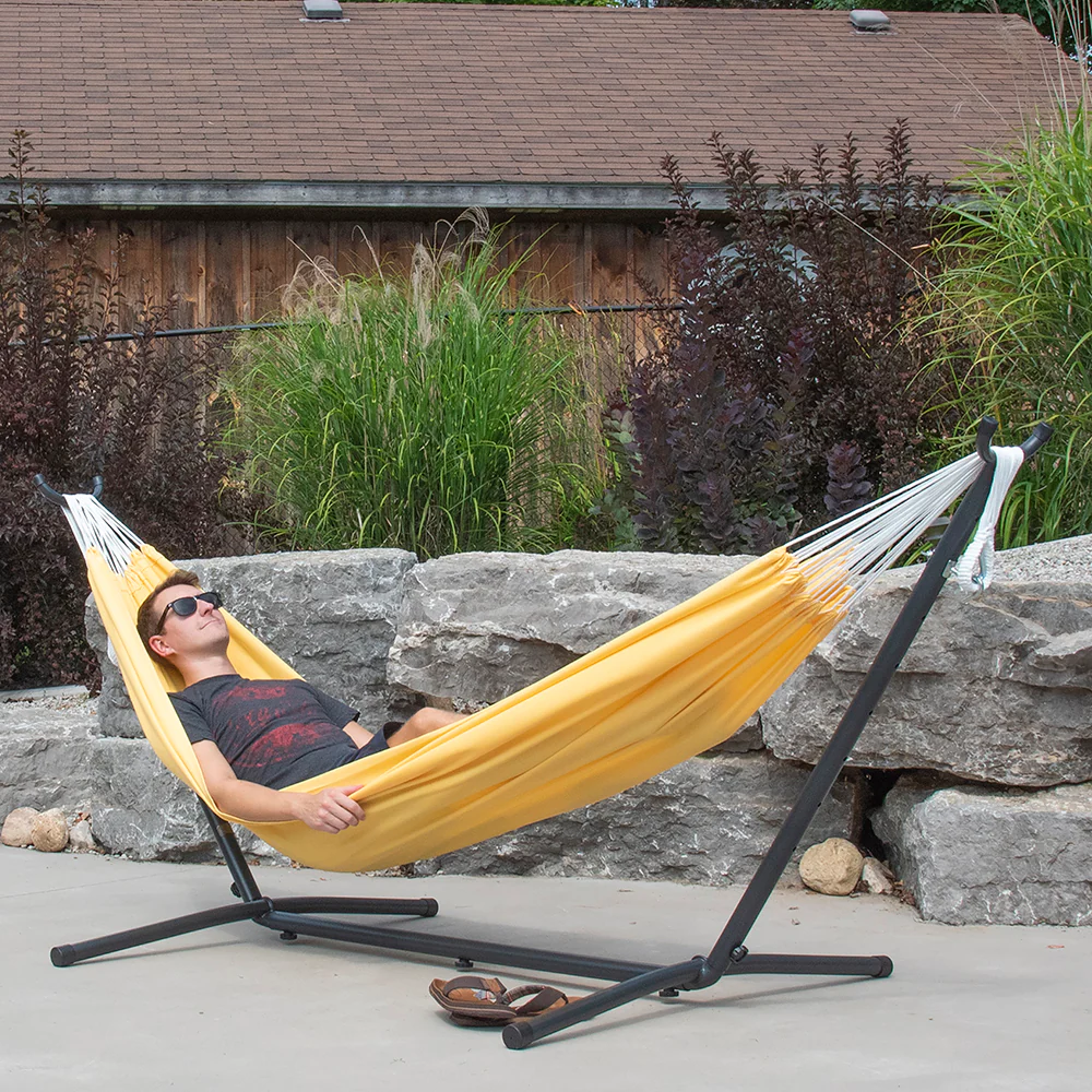 Double Polyester Hammock with Stand (9ft/280cm) - Yellow - Image 4