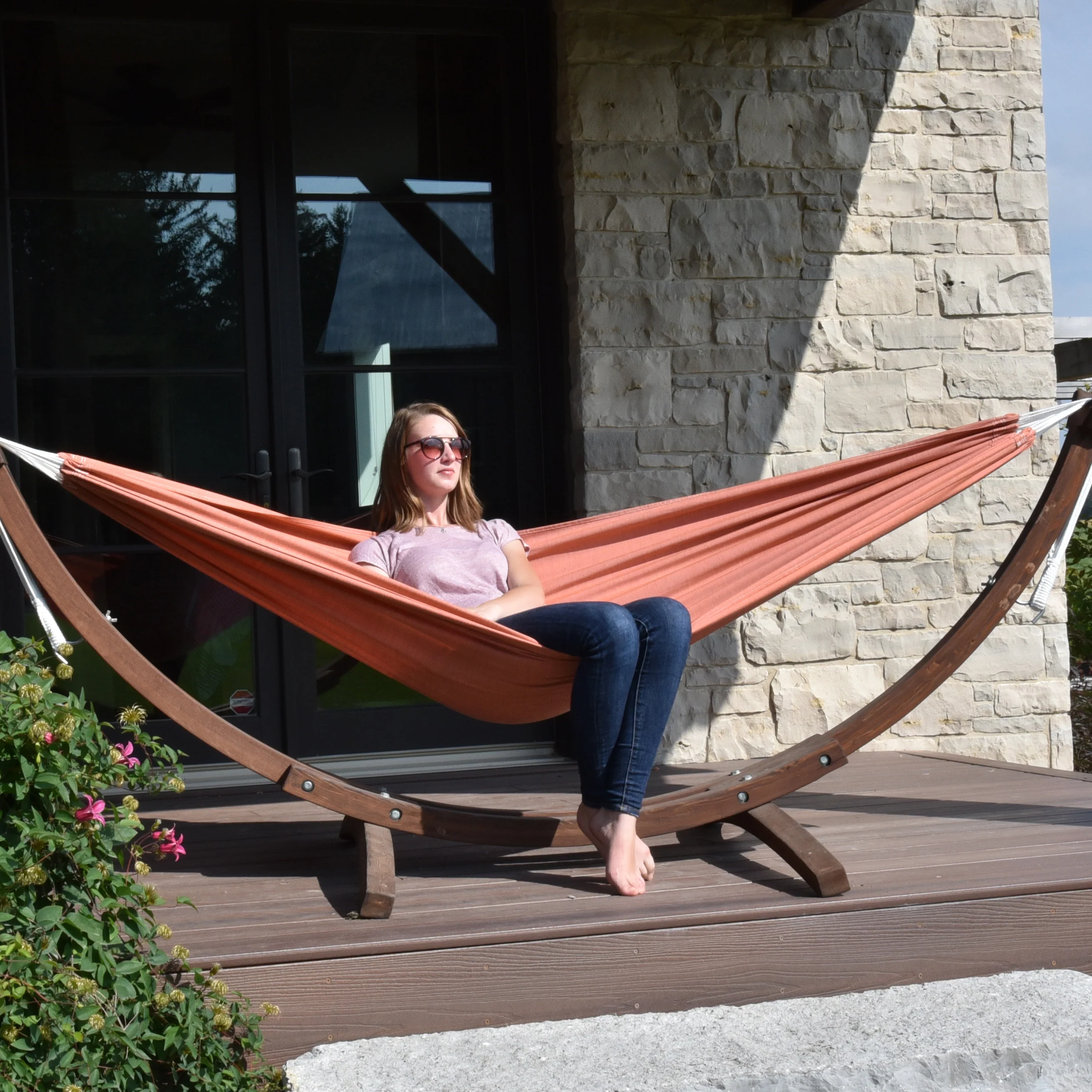 Double Sunbrella® Hammock with Solid Pine Stand (8ft/260cm) - Coral - Image 3