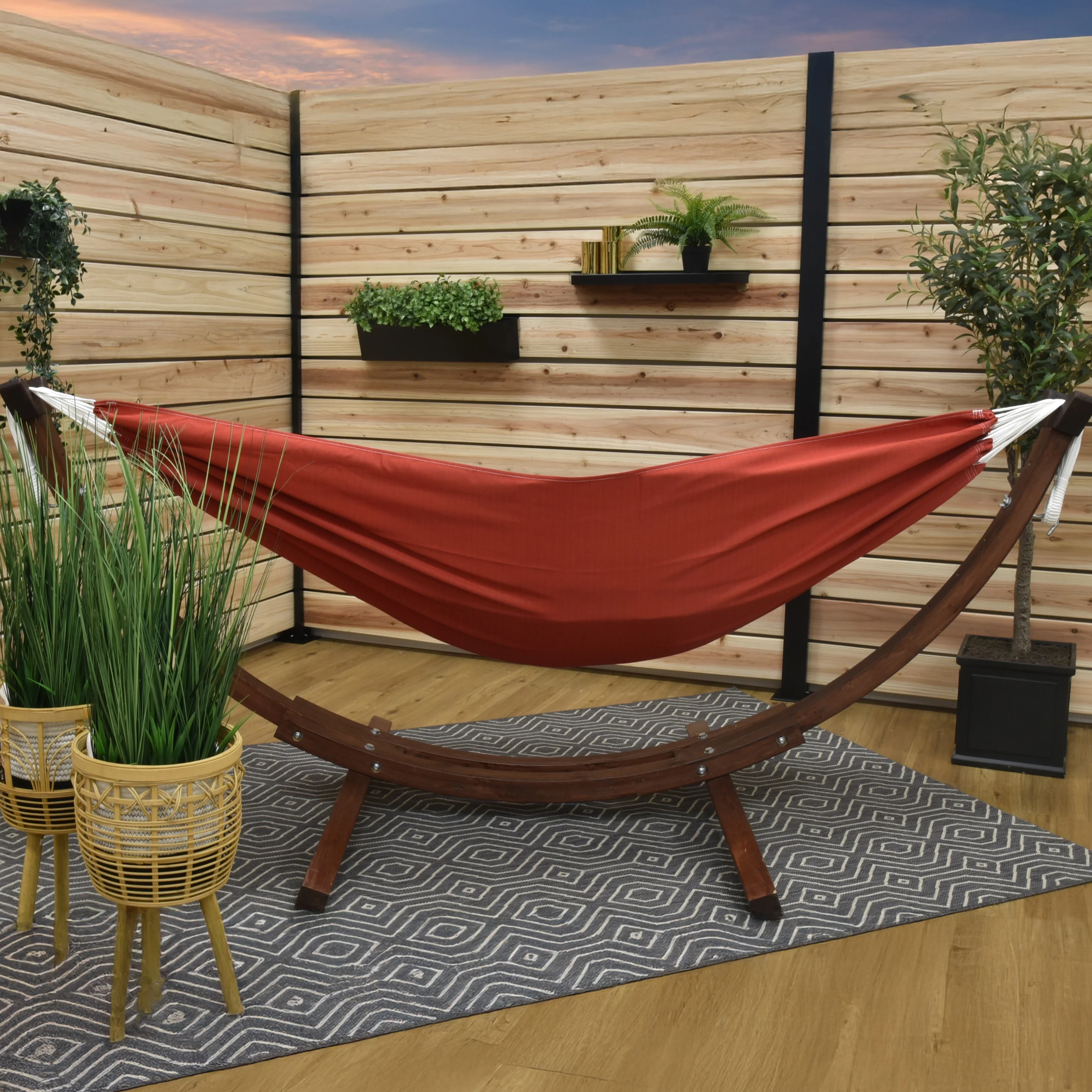 Double Sunbrella® Hammock with Solid Pine Stand (8ft/260cm) - Crimson - Image 2
