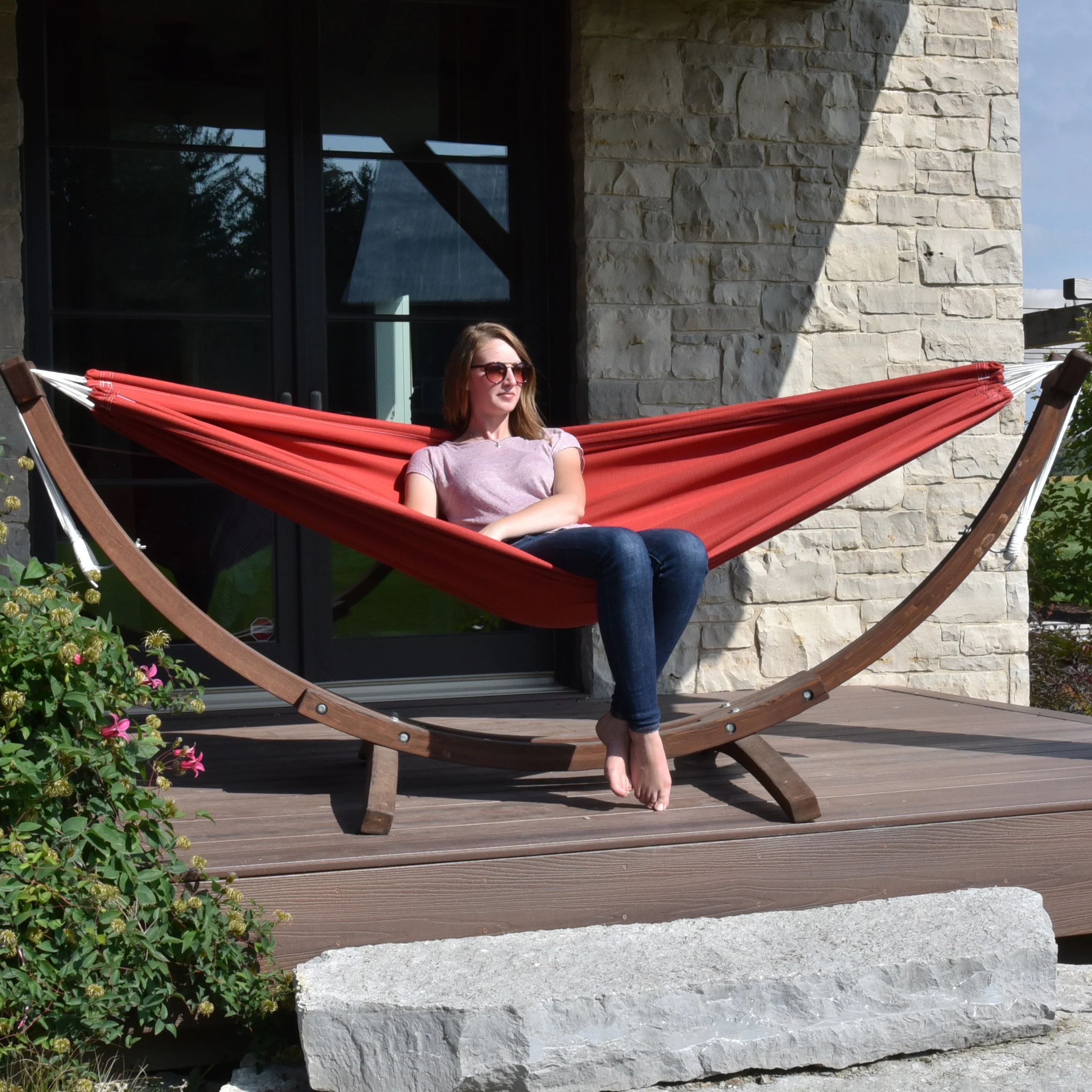 Double Sunbrella® Hammock with Solid Pine Stand (8ft/260cm) - Crimson - Image 3