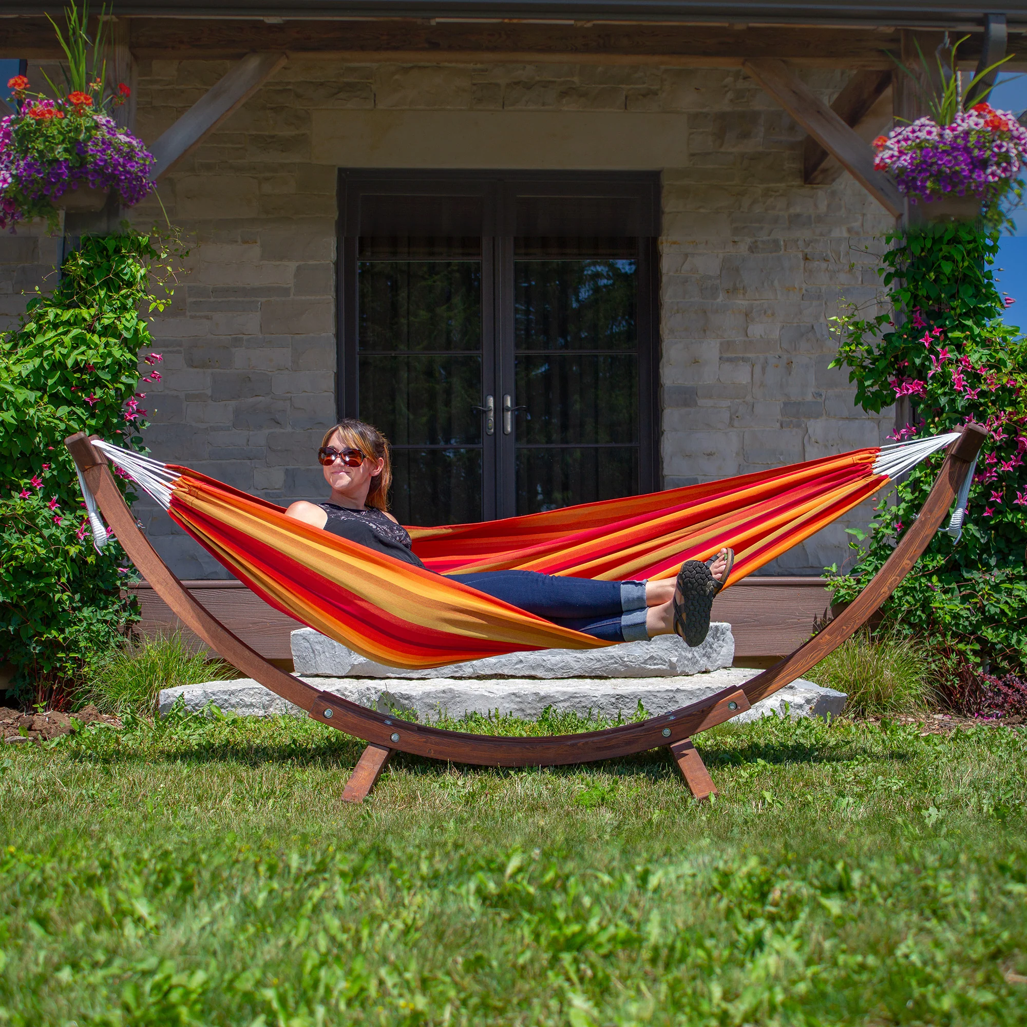 Double Sunbrella® Hammock with Solid Pine Stand (8ft/260cm) - Sunset - Image 3