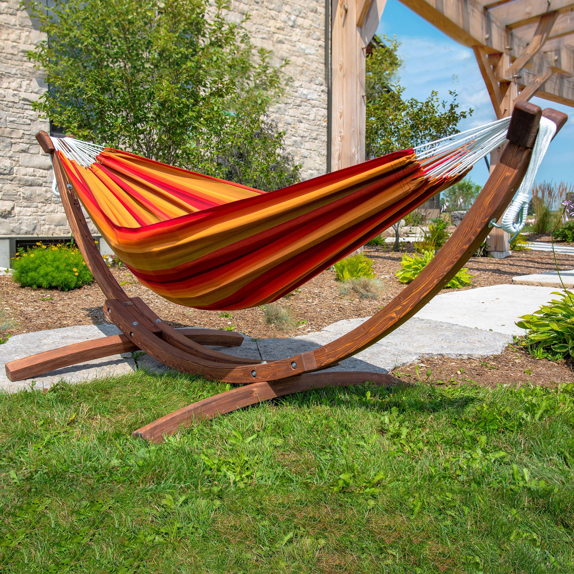 Double Sunbrella® Hammock with Solid Pine Stand (8ft/260cm) - Sunset - Image 4