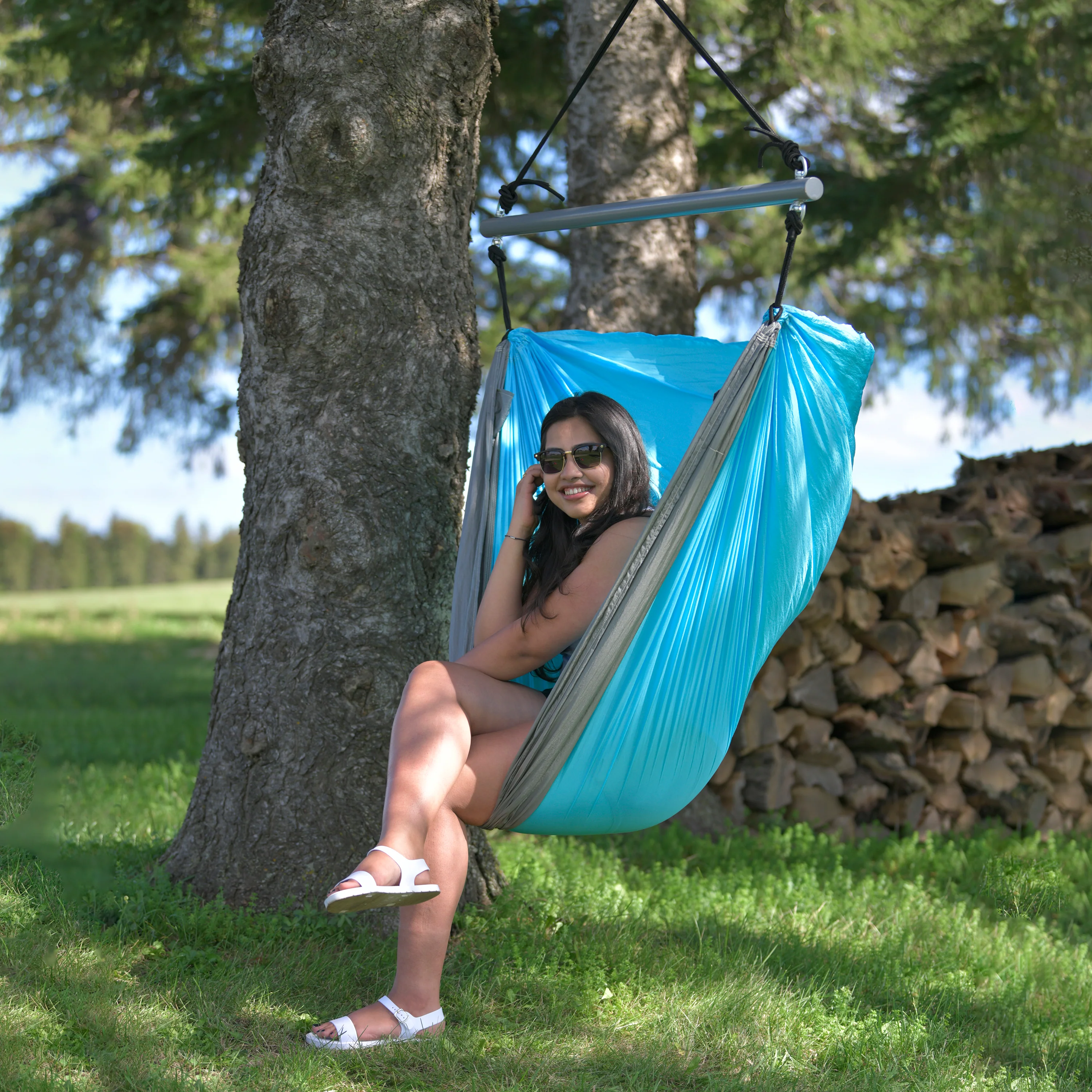 Parachute Hammock Chair - Turquoise & Grey - Image 3
